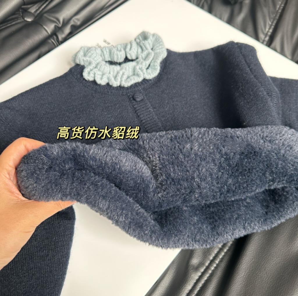 Girls Autumn Winter Thickened Fleece Knit Sweater Korean Lace Simple Baby Top 90