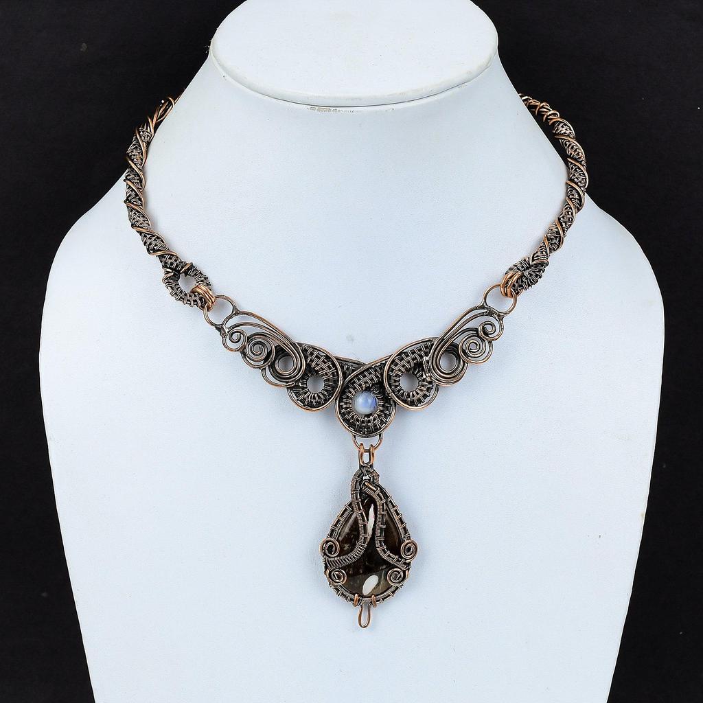 Peanut Wood Jasper Necklace Copper Wire Wrapped Jewelry Real Gemstone Necklace Handmade Copper Necklace Wire Wrap Rainbow Moonstone Necklace