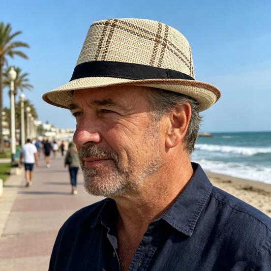 Yousheng Men Jazz Hat, Summer Plaid Pattern Top Hat, UV Protection Breathable Straw Hat, Lightweight Casual Headwear for Outdoor Gardening Beach