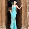 Lace splicing suspender dress women's summer vacation style slim fishtail skirt waist mesh skirt hip-wrapped long dress