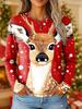 2025 Women's Vintage Reindeer Print Long Sleeve, Christmas Party Crew Neck, Holiday Gift Top, Fall Winter Festive Style