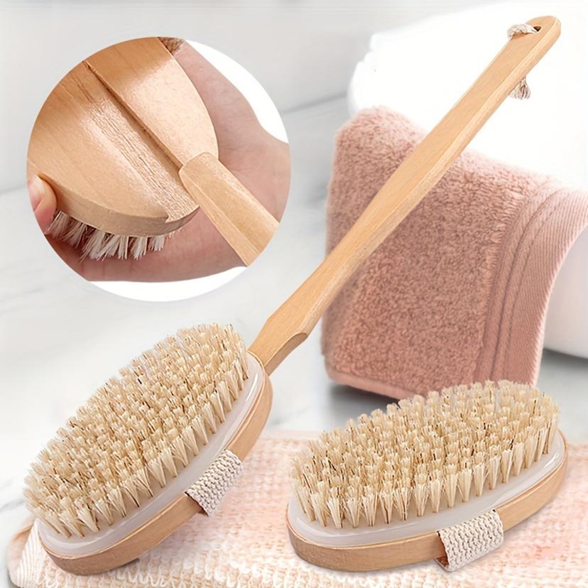 1 Pcs Long Handle Wooden Bath Brush Massage Brush Wooden Pig Bristle Scrub Bath Brush For Dry Skin Exfoliating And Body Massage
