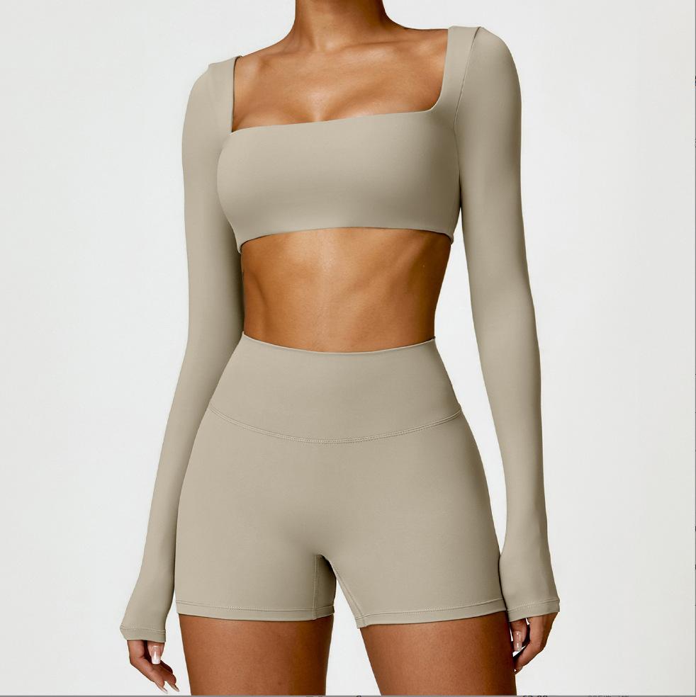 Women Tight‑Fit Yoga 2‑Piece Set, High‑Waist Quick‑Dry Long‑Sleeve Workout Outfit for Outdoor Running Fitness