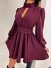 2025 European Spring/Autumn Sexy Hollow-Out Waist-Cinching Solid Color Dress for Women