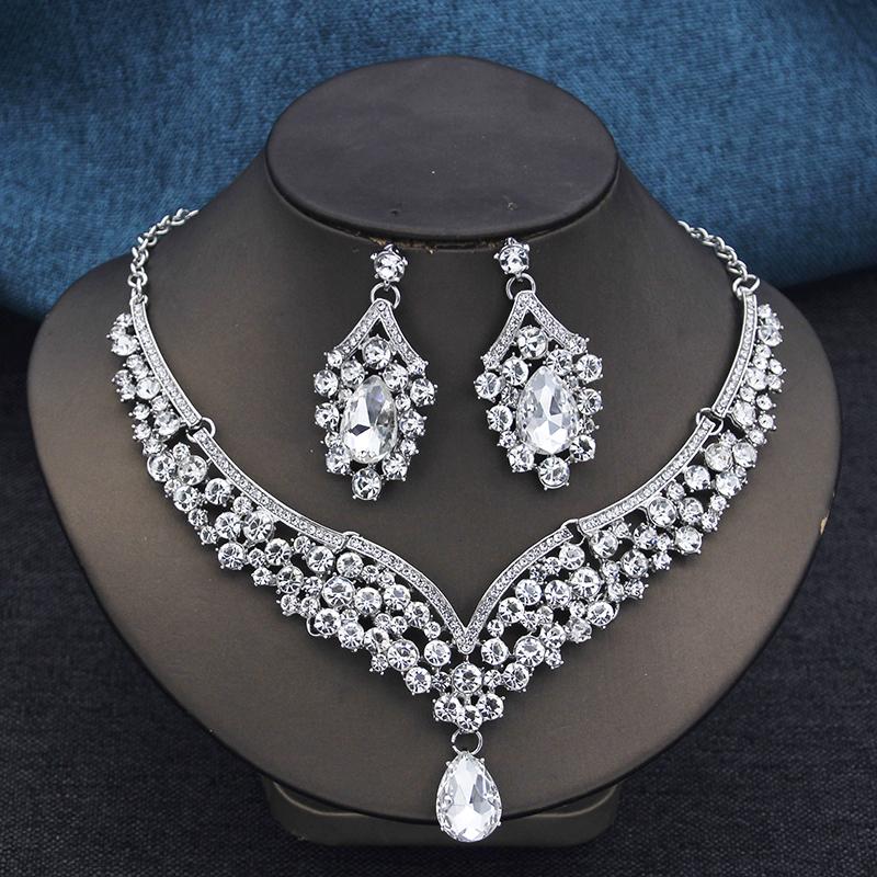 Elegant 2pcs Rhinestone Crystal Choker Necklace Sets for Women Fashion Jewelry Sets Bridal Wedding Dubai Necklace Earrings Set