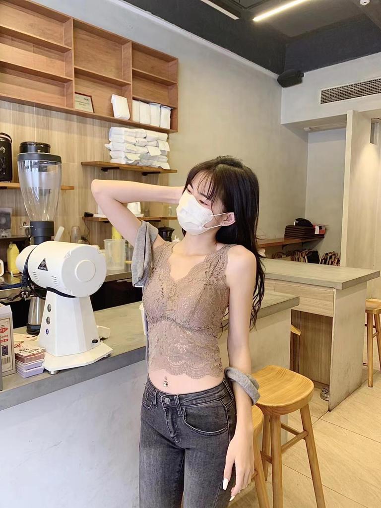 6060 Lace V-Neck Ice Silk Backless Tank Top with Integrated Cup Lingerie