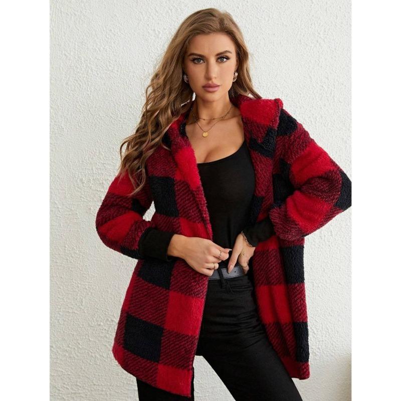 

Женская мода повседневная клетчатая печать осень-зима с длинным рукавом с капюшоном куртки и пальто L красный
