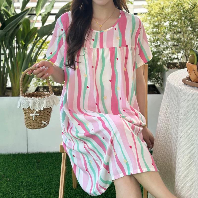 2023 Women's Short Sleeve Cotton Silk Printed Summer Nightdress