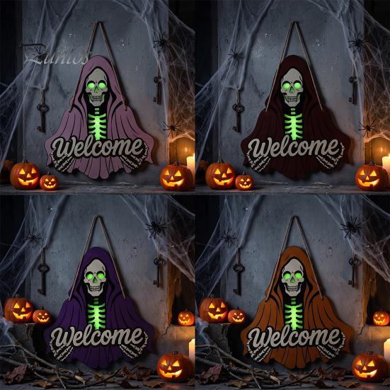 Front Porch Decor Halloween Skeleton Welcome Sign, Spooky Wooden Grim Reaper Shaped Door Rustic Hanging Sign Hanger, Horror Wall Plaque for