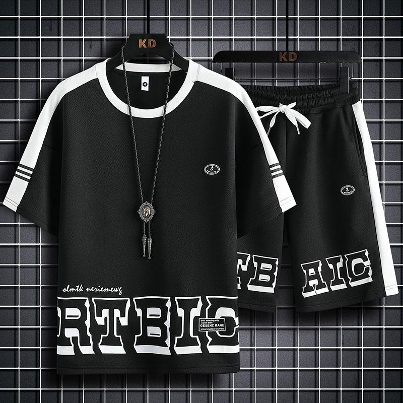 

Летние мужские комплекты с круглым вырезом, повседневный спортивный костюм, футболка, шорты, костюм, лоскутные шорты, комплекты, свободная спортивная одежда для бега, комплект из двух предметов L