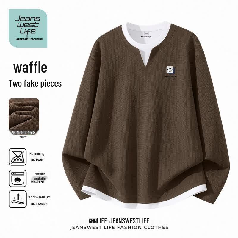 Men s JEANSWEST LIFE Waffle Knit Fake Two-Piece Long Sleeve T-Shirt L