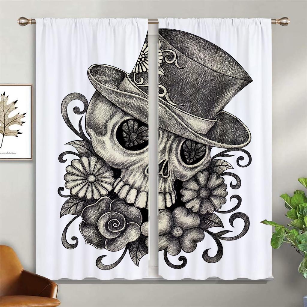 Window Curtains Skull Steal Floral Retro Gothic Print Curtains Suitable For Bedroom Living Room Study Room Decorative Curtains