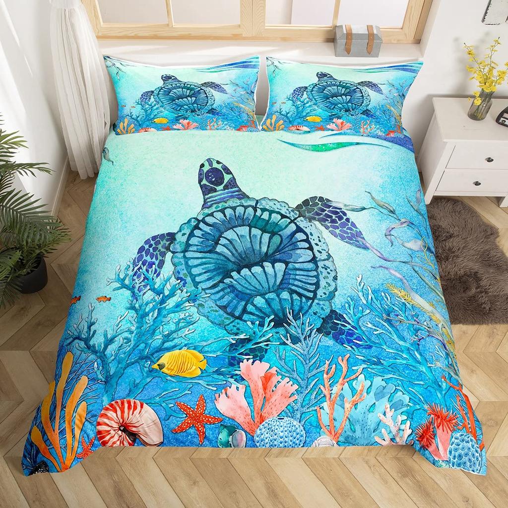 3D Octopus Sea Turtle Duvet Cover Retro Sailboat Crab Reptile Bedding Set Marine Mediterranean Style Jellyfish Comforter Cover