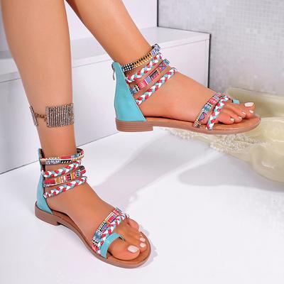 Damen Sandalen im Bohemian-Stil, Sommermode, Knöchelriemen, römische flache Strandschuhe, rutschfeste Urlaubspantoffeln, Zapatos De Mujer
