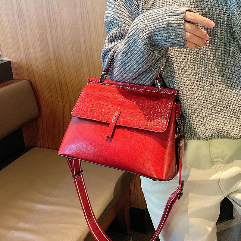 Genuine Leather Crocodile Pattern Cross-span Bag New Fashionable Niche Handbag Oil Wax Leather Women's Shoulder Bag
