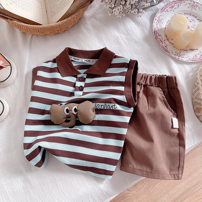 Children's Fashionable Cartoon Stripe Short Sleeved Shorts Beach Casual Spring And Summer Boys Suit Sleeveless Shirt+Short Pants