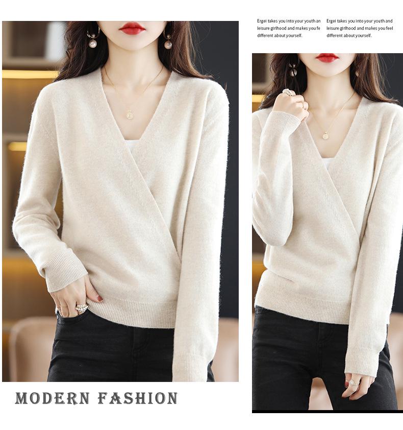 Women's Spring V-Neck 100% Wool Knit Cardigan - Long Sleeve, Short Style Sweater