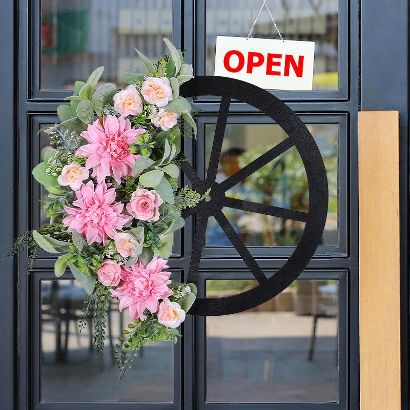 Wheel Wreath Zhongran Pink Simulation Wreath Simulation Green Plant Outdoor Courtyard Door Hanging Decoration