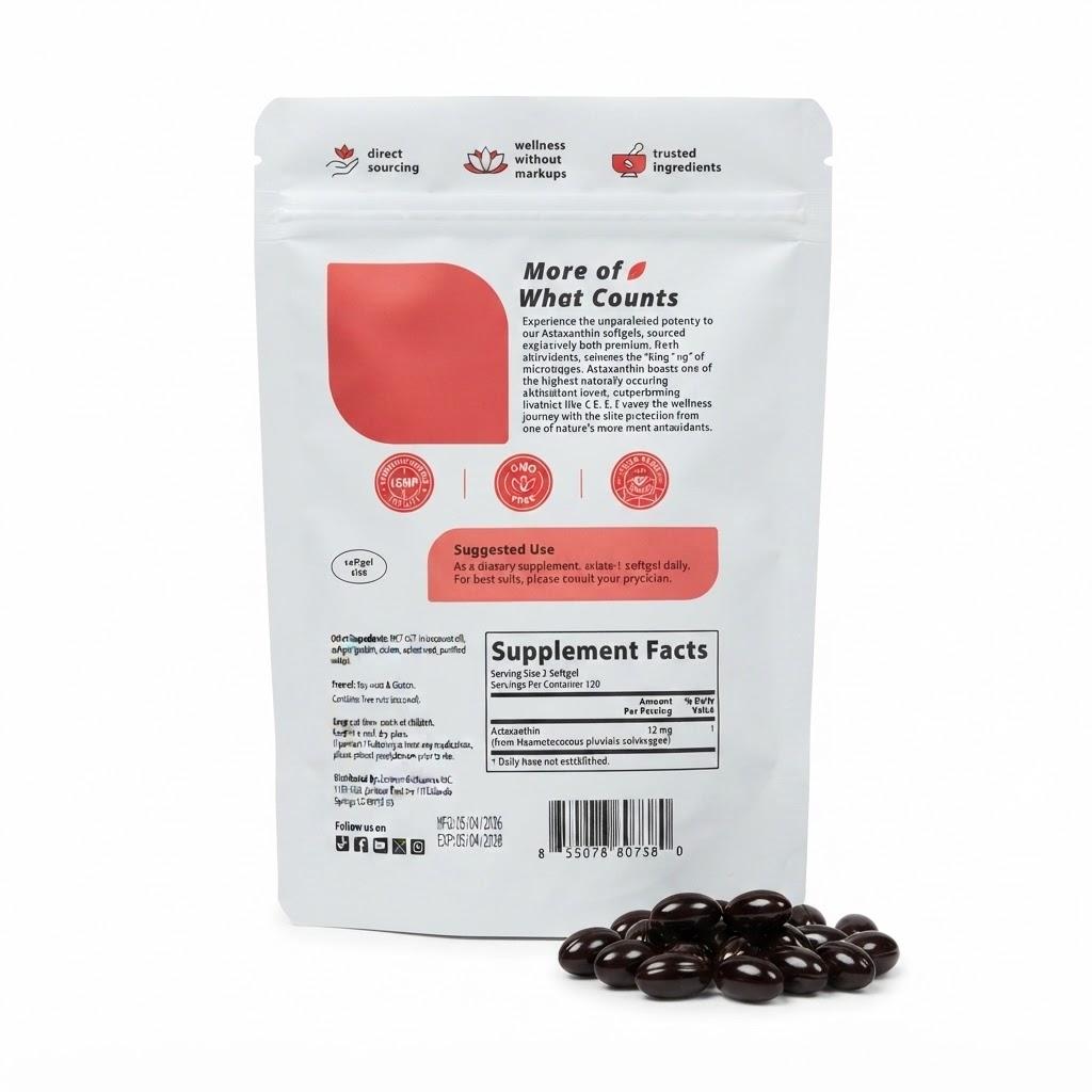 Astaxanthin 12mg | Natural Tanning, Fresh Microalgae Source, Easy To Swallow
