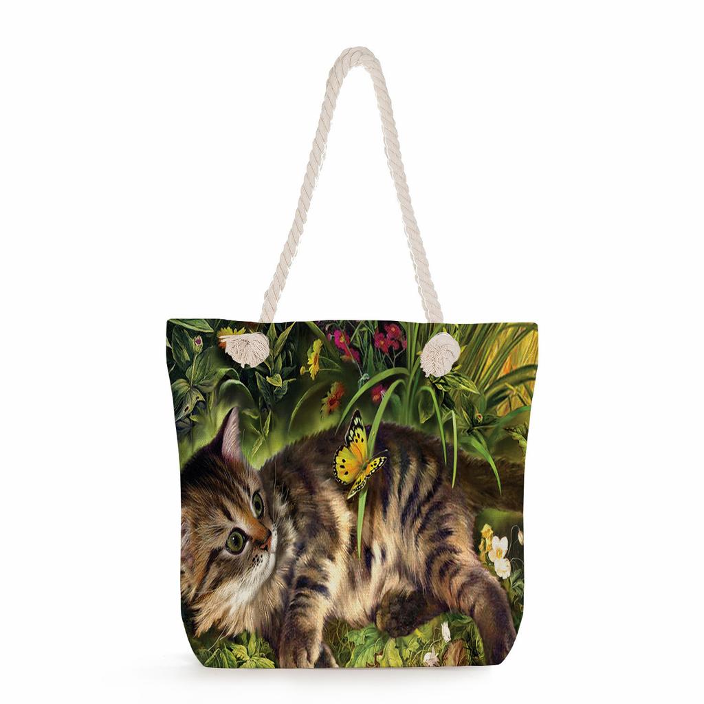 Cat print thick rope single-shoulder beach bag 7228