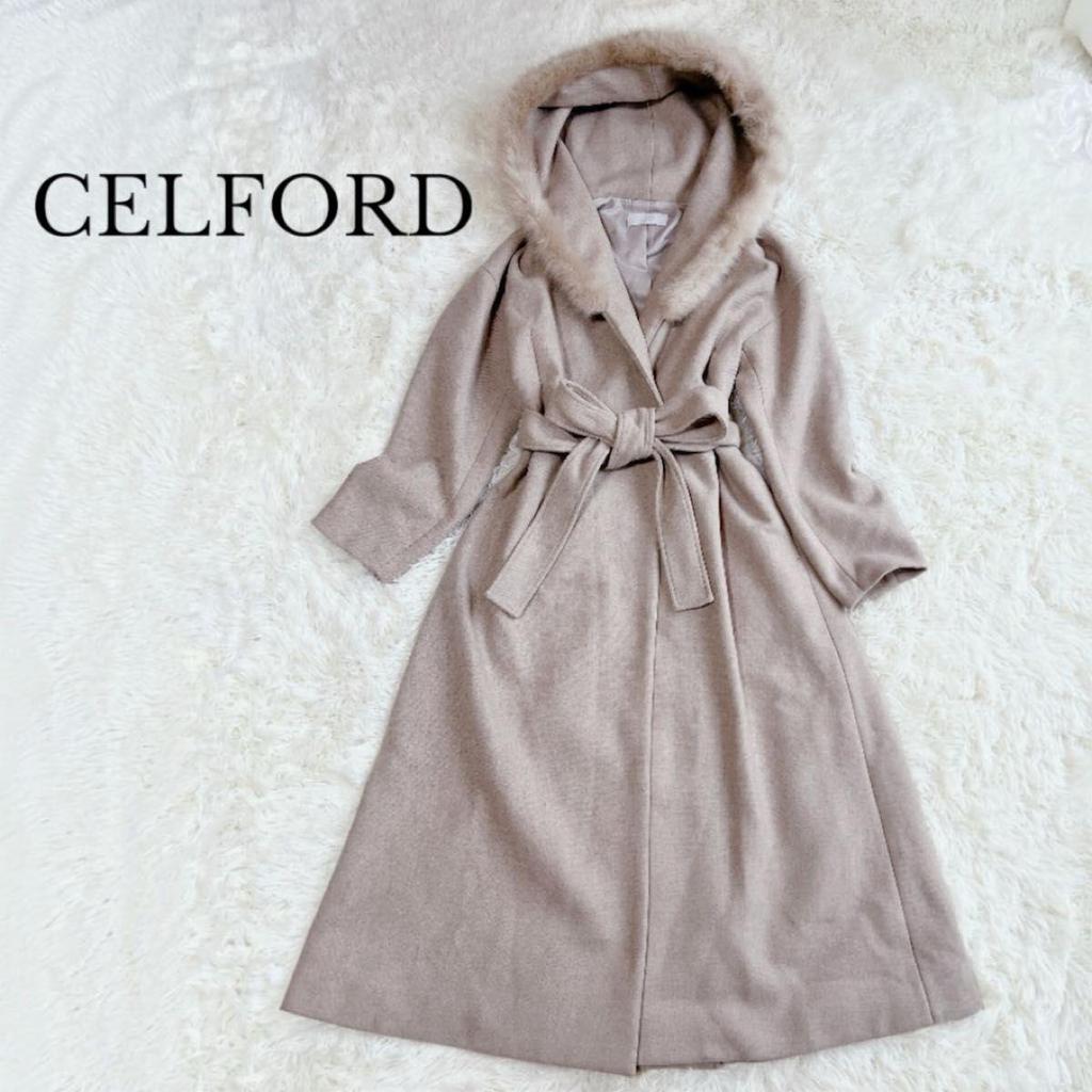 Used CELFORD Long Coat Hood Belted Fur Belt Ribbon Selford Coat