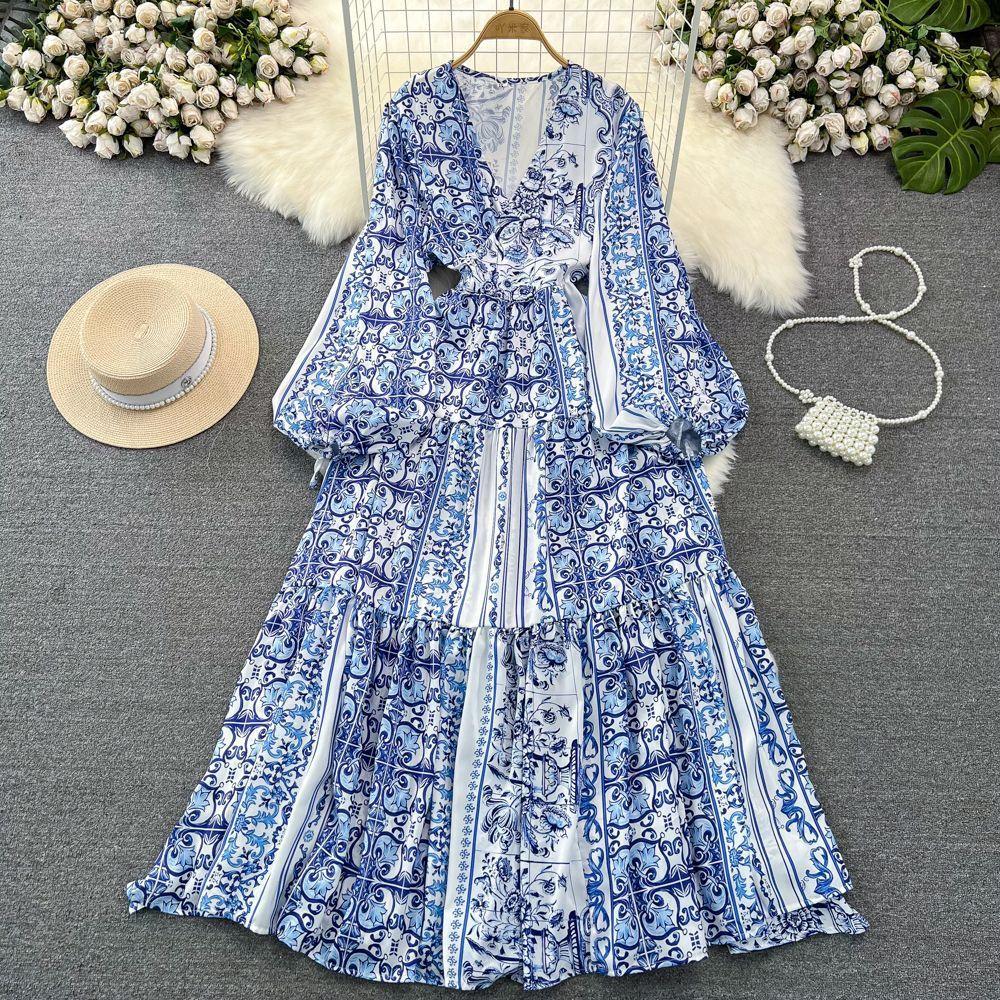 High-end Celebrity Temperament Lantern Long-sleeved V-neck Waist Thin A-word Printed Dress Elegant Pendulum Long Skirt