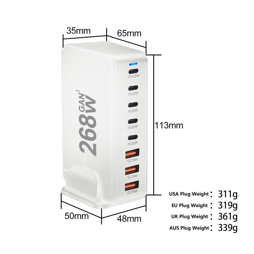 268W 240W Desktop GaN Quick PD Charger 8 Ports USB Type C USA EU AUS UK Plug Adapter Mobile Phone Laptop PC Charging Dock Stand