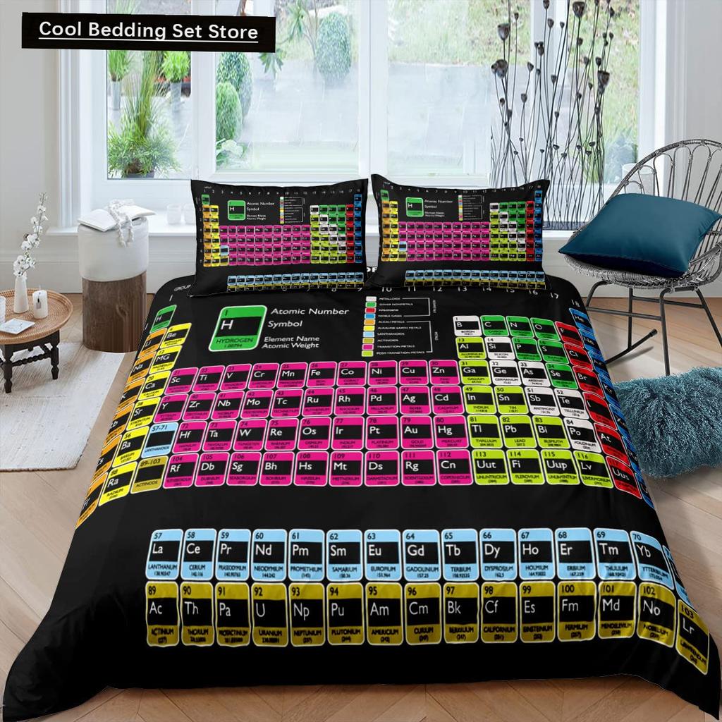Periodensystem Königin König Bettbezug Pädagogische Wissenschaft Chemie Bettwäsche-Set für Studenten Lehrer Elementtabelle Bettdeckenbezug