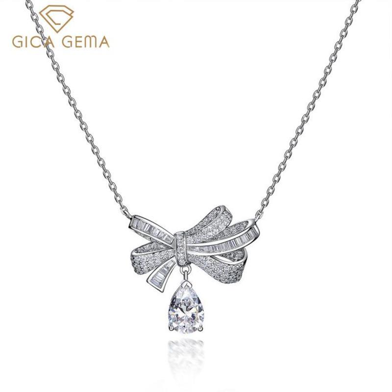 Gica Gema 100% 925 Sterling Silver Pear Cut 7*10 MM AAAAA Zircons Gemstone Cocktail Bowknot Pendent Necklace For Women Fine Jewelry