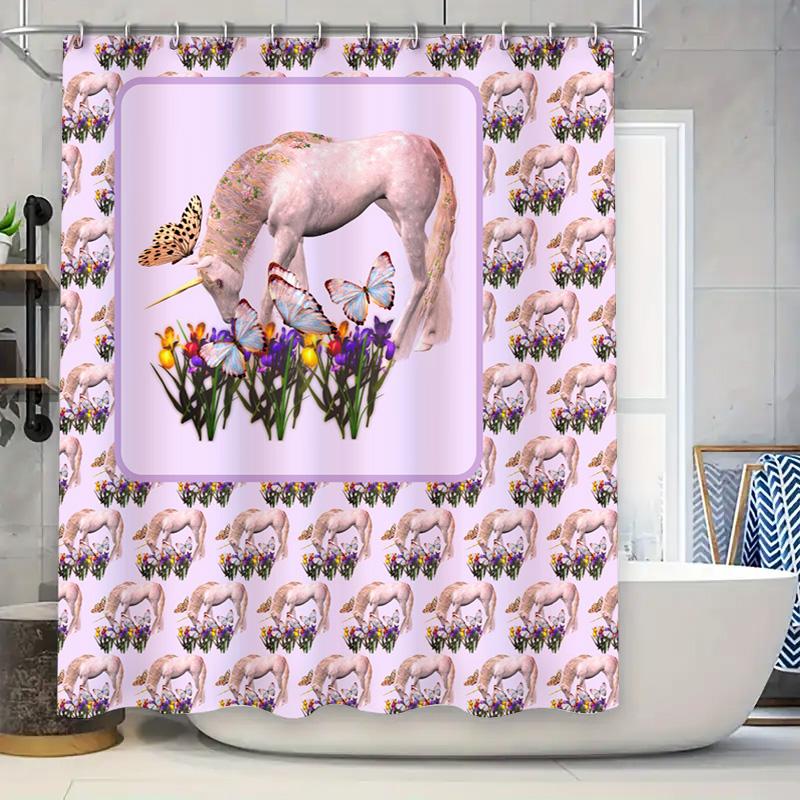 

Pink Unicorn Shower Curtain With Floral Design Unisex Bathroom Decor For Kids And Adults Easy Install Hook Included (Purple) W60H190(CM)-1 Pcs