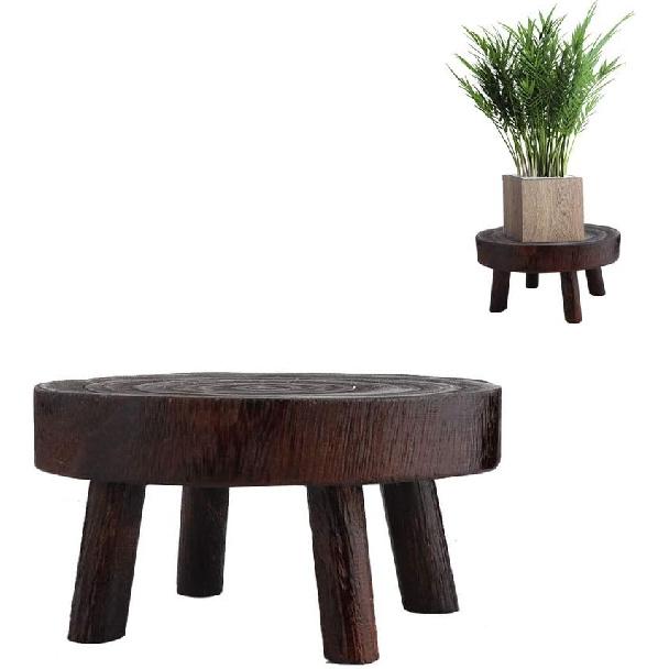 TRRAPLE Mini Round Wooden Stool, Wooden Plant Stand Mid Century Wood Flower Pot Holder for Outdoor Indoor Home Office Decorations, Brown, M