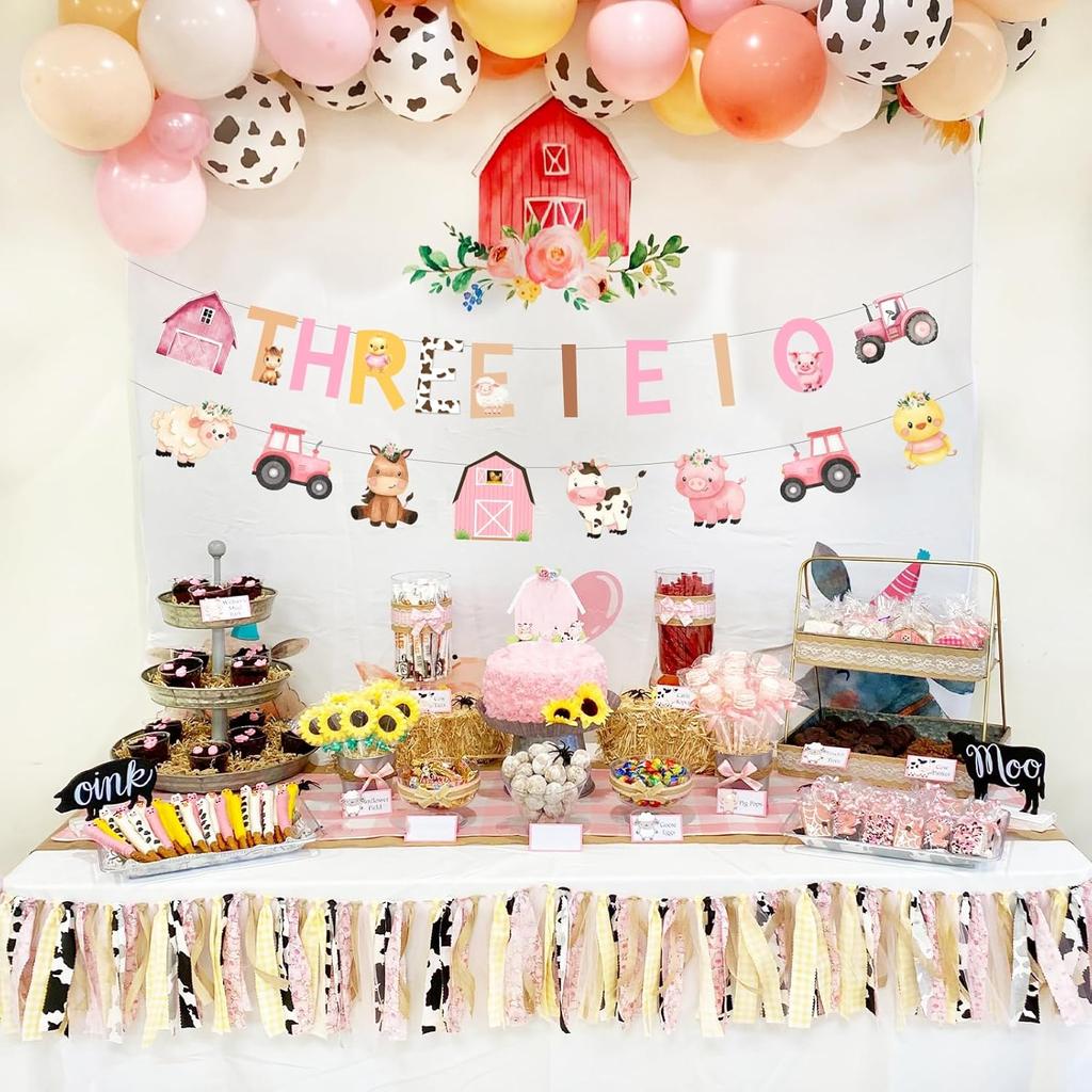 Cheereveal Pink Farm 3rd Birthday Decorations, THREE I E I O Farm Animals Banner, Farmhouse Barnyard Bunting Hanging Garland for THREE Year Old Bday