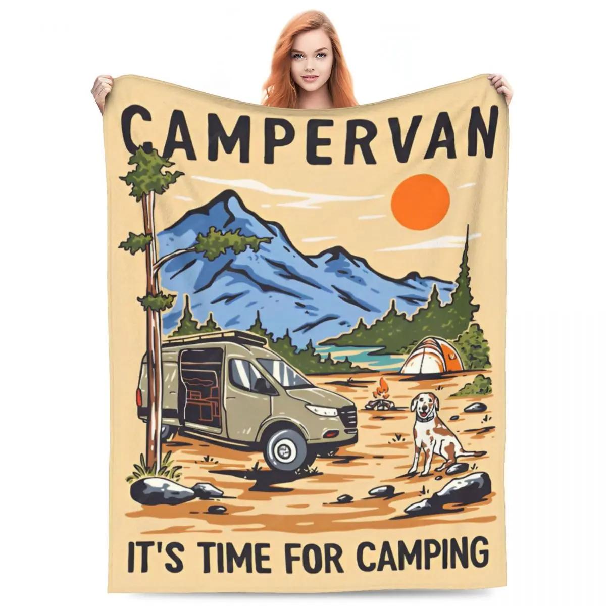 

CamperVan Knitted Blanket Fleece Summer Happy Camper Lightweight Throw Blankets for Car Sofa Couch Bedroom Quilt 75x90cm