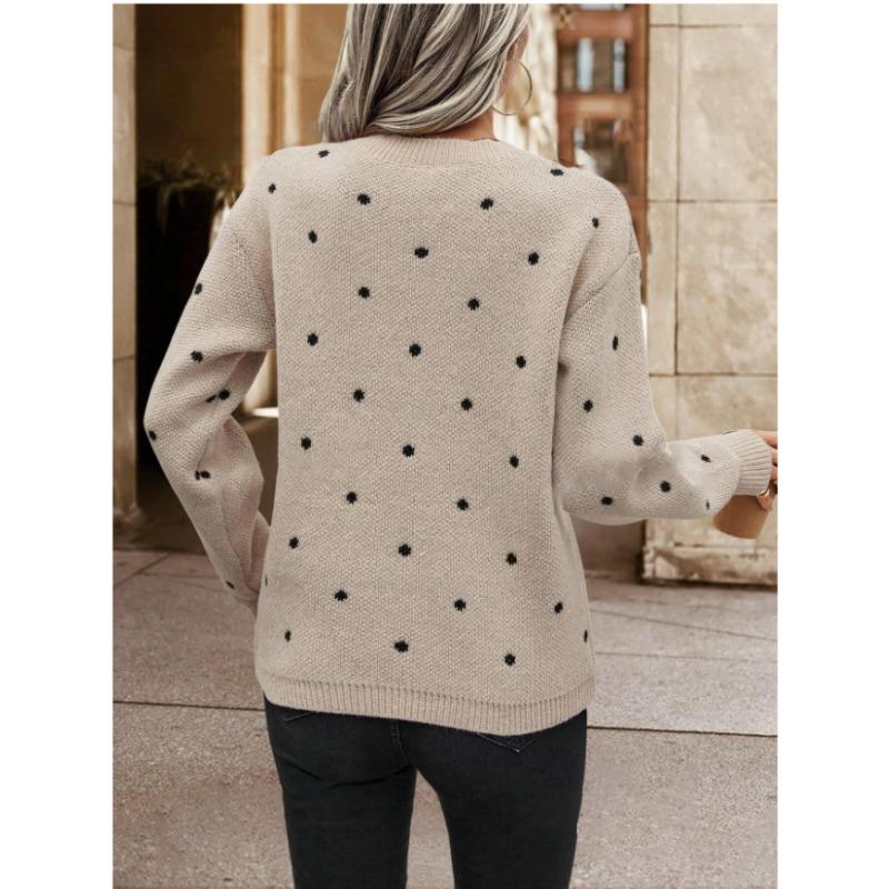 Women Loose Fit Long Sleeve Pullover Knit Sweater Polka Dot Jacquard