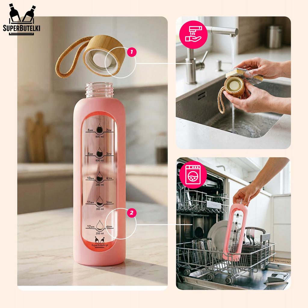 Glass water bottle 1000 ml with silicone case (beige)