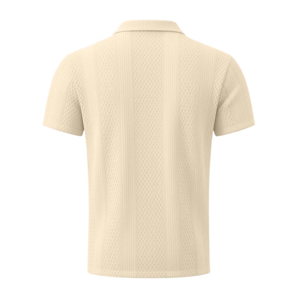 Men's Solid Knit Short Sleeve Shirt French Collar Breathable Hollow Out Button Down Casual Summer Top