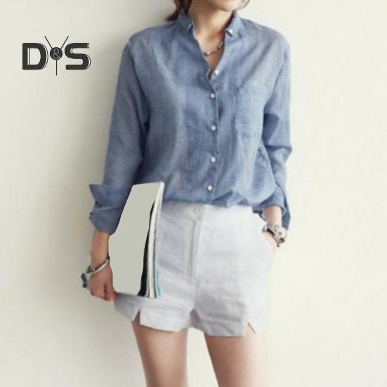 Women Lapel Long Sleeve Shirt Tops Loose Fit Single breasted Patch Pocket Thin Casual Shirt Workwear