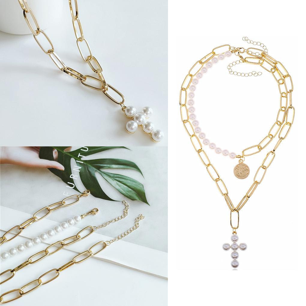 2 Layer Faux Pearl Necklace Round Figure Pendant Thick Chain Choker Jewelry Gift for Girls Women