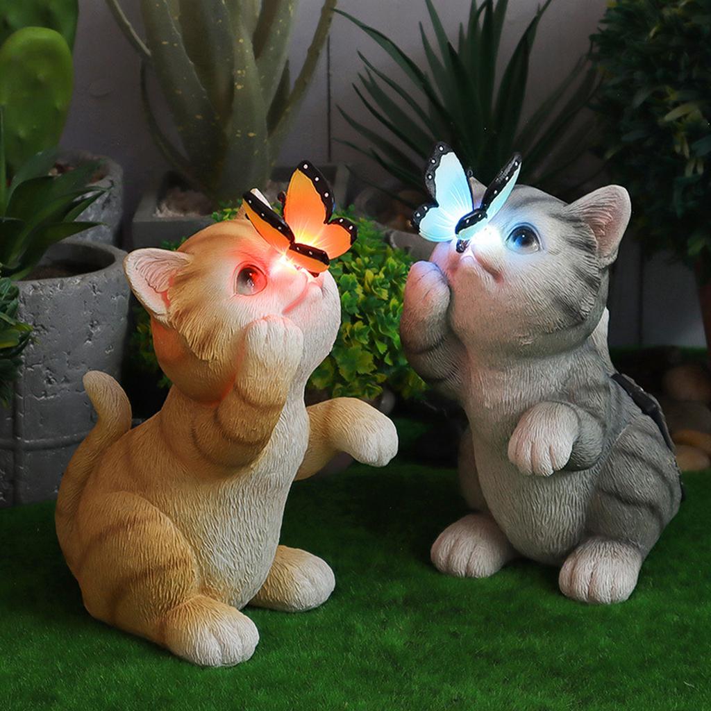 Solar Cat Butterfly Statue Cute Small Animal Decoration Outdoor Garden Ornament Decor