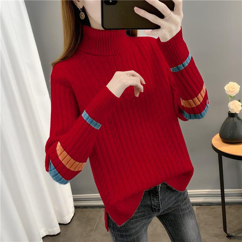 

Осенне-зимний свитер с высоким воротником, женский пуловер, новый вязаный свитер с длинными рукавами и высокой эластичностью, более свободный женский джемпер, топы 3XL красный