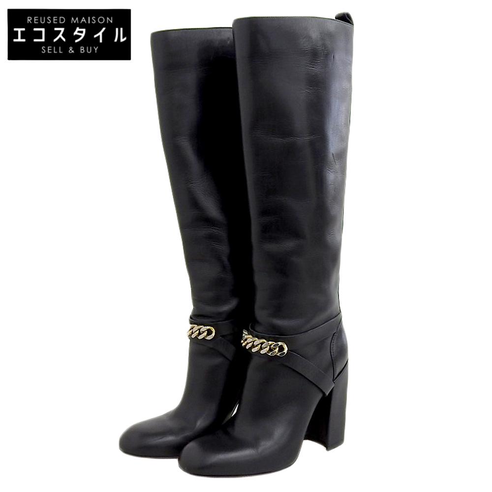 Yves Saint-Laurent Women's Black Leather Long Boots with Front Chain and Chunky Heel, Size 36 shoes 36 blackUsed