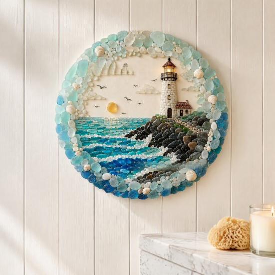 Textured Ocean Art for Home Lighthouse Sea Glass Wall Ornament, Hand Assembled Shells And Tumbled Entryway Seaside Focal Point Decor,