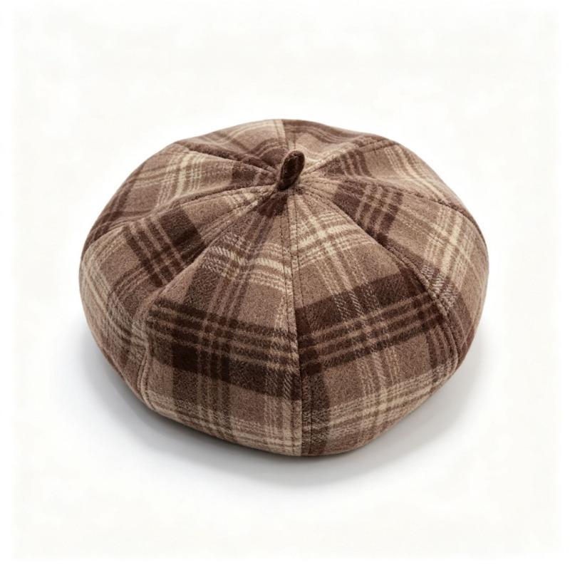 Women S Retro Striped Beret British Style Painter Hat Simple Color Matching Octagonal Hat