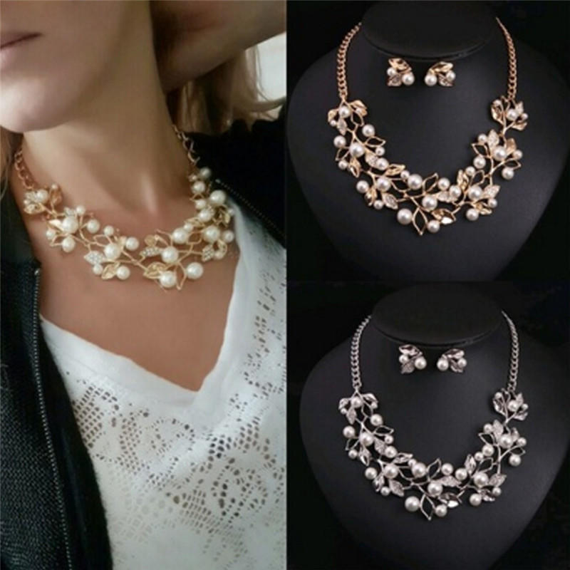 Pearls  Tree Leaves Necklace Earring  Elegant Ladies Luxury Jewelry Set