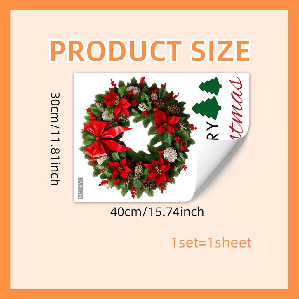 Christmas Wreath Wall Sticker Art Xmas Wall Decal for Kids Room Office Party Removable PVC Wallpaper Office Indoor Nursery