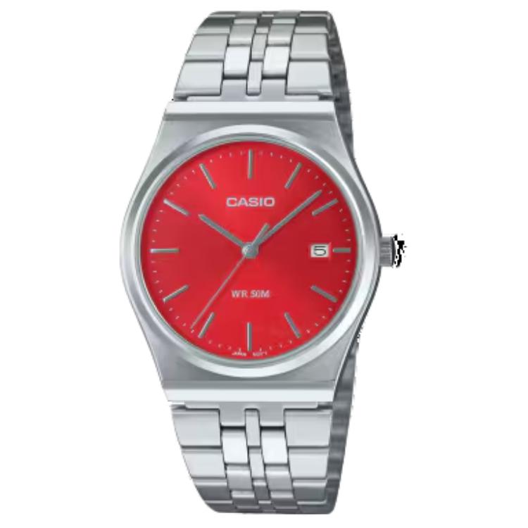 Casio 50M Waterproof Quartz Watch Stainless Steel Band Men Watches Red MTP-B145D-4A2V Red Watch Dial