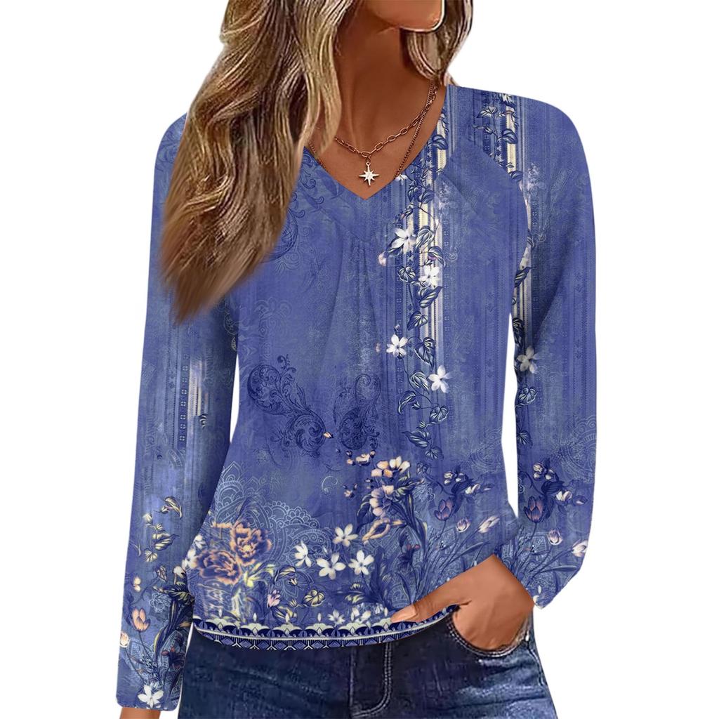 Women's Casual Fashion V-Neck Raglan Pleated Floral Print Long Sleeve Top