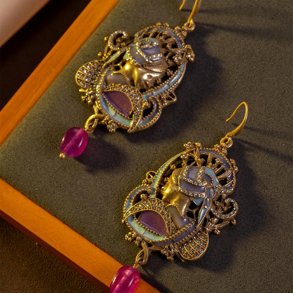 KEQIU Vintage Earring High-Quality Palace Style Retro Portrait Earrings Light Luxury European and American Style Earrings
