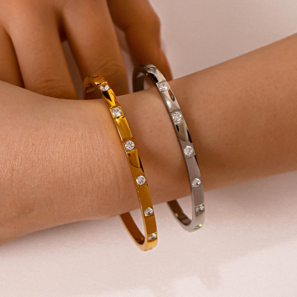 4mm Gold Color Stainless Steel Bangle For Women Square Zirconia Charm Openable Bracelets