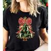 Camiseta Top Feminina Casual de Verão com Estampa de Árvore de Natal da Moda, Manga Curta, Gola Redonda